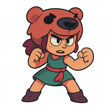 Nita from Brawl Stars, ready for battle, determined expression, colorful sticker