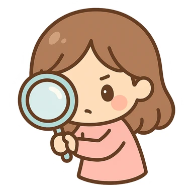 chibi cute girl with brown hair, focused, holding a magnifying glass, looking closely sticker