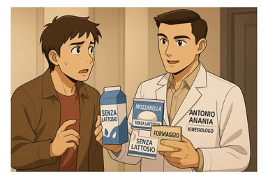 fai un webtoon manga a colori con questo stile, in cui un uomo ASCOLTA Il kinesiologo con il camice bianco (fagli anche la scritta "ANTONIO ANANIA" SUL CAMICE, IL KINESIOLOGO SPIEGA ALL'UOMO UNA MOSTRANDO VARI PRODOTTI DA SUPERMERCATO CONFEZIONATI (TIPO SCATOLA DI LATTE, MOZZARELLE CONFEZIONATE, FORMAGGIO CONFEZIONATO), OGNI CONFEZIONE HA LA SCRITTA "SENZA LATTOSIO SULL'ETICHETTA. L'UOMO OSSERVA IL KINESIOLOGO CON ESPRESSIONE CONFUSA IN VOLTO. non fare i fumetti però, fai solo in modo che sembri stiano parlando sticker