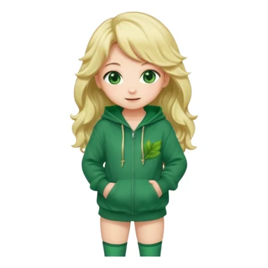 Chibi anime girl, full body, long wavy blonde hair, large green eyes, blushing cheeks, shy smile, leaning forward, wearing an oversized green hoodie with a dark green leaf pattern. sticker