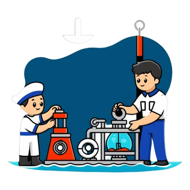 Marine geology process with sailor at winch and scientist analyzing ocean floor samples sticker