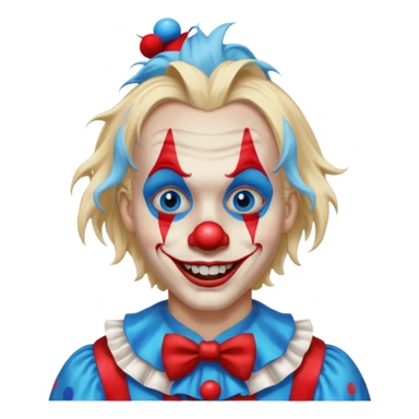 creepy clown boy with messy very long long blonde hair, blue eyes, make it more like an apple emoji sticker