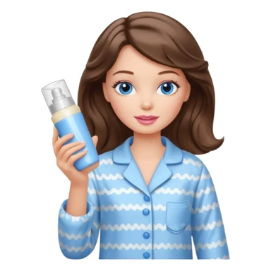 Barbie girl with makeup, blue eyes , and bob long haircut wavy, short brown hair in creamy color pajamas, face cream in hand sticker
