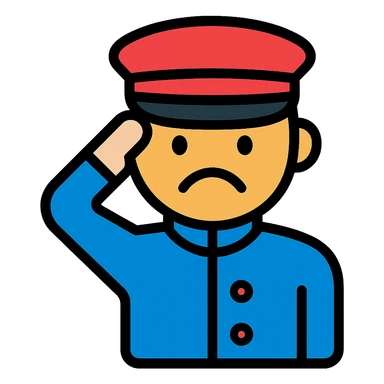 Convert the image to a color outline icon style of a sad face in uniform saluting. Keep the background transparent. sticker