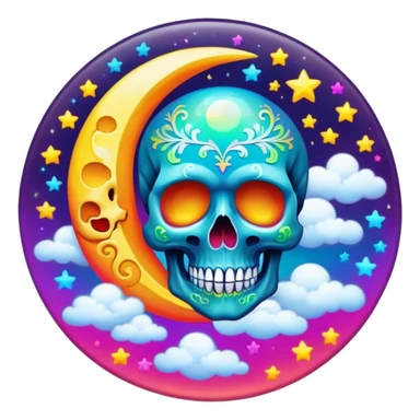 Beveled button with Neon rainbow colored damask style skull moon with stars and clouds in the center sticker