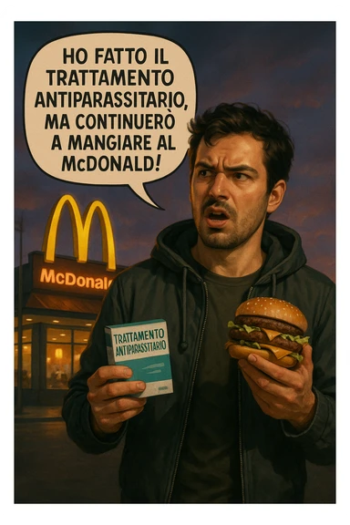 A realistic, cinematic illustration of a man in his early 30s with a confused yet stubborn expression, standing outside a McDonald's at dusk, holding a small box labeled 'Trattamento Antiparassitario' in one hand while holding a large McDonald's burger in the other. He is mid-sentence, saying 'Ho fatto il trattamento antiparassitario, ma continuerò a mangiare al McDonald!' in an expressive speech bubble. The man wears casual streetwear, and behind him, the McDonald's golden arches glow under a neon-lit sky. The mood is ironic and educational, highlighting the contradiction of doing parasite cleanses while continuing unhealthy fast-food habits. The style is realistic with slight illustrative clarity, emphasizing the message humorously while maintaining a serious undertone about lifestyle choices and health in italiano sticker