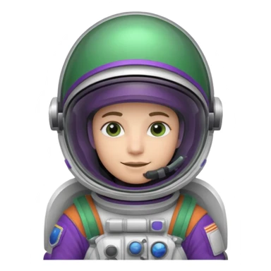 An astronaut wearing a cowboy's hat on his helmet, green and purple accents for the space suit sticker