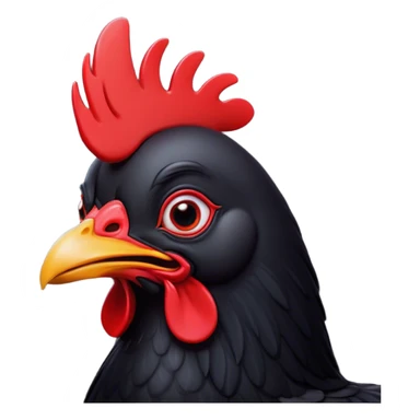 Cinematic Comical Black Chicken Portrait Emoji, Head tilted dramatically with an exaggeratedly amused expression, featuring a sleek, glossy black plumage with a bold red comb, wide, expressive beady eyes filled with playful disbelief, Simplified yet hilariously expressive features, highly detailed, glowing with a slightly sassy glow, high shine, dramatic yet playful, stylized with an air of cheeky mischief, bright and endearing, soft glowing outline, capturing the essence of a spirited and over-the-top chicken, so meme-worthy it feels like it could cluck its way into internet fame instantly! sticker