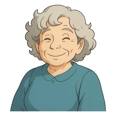 ghibli style older lady with silver curly hair smiling sticker