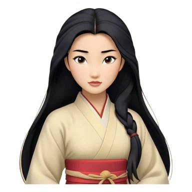 Cinematic Realistic Mulan Portrait, depicted with lifelike skin texture, soft natural lighting, and intricately detailed long black hair styled elegantly. Her deep, expressive eyes exude determination and grace, complemented by a serene yet confident expression. She is dressed in her classic attire, with rich fabric textures and delicate folds that catch the light beautifully. The portrait features a soft, enchanting glow with a natural, radiant finish, capturing the essence of timeless strength and beauty in a realistic and painterly style, evoking a sense of depth and authenticity. sticker