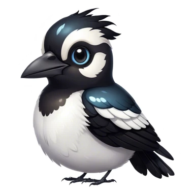 Cinematic Cute Magpie Portrait Emoji, Head tilted playfully and inquisitively, featuring a compact, elegant form with glossy, contrasting black and white feathers and round, sparkling eyes full of playful charm, Simplified yet irresistibly adorable features, highly detailed, glowing with a warm, inviting glow, high shine, affectionate and lively, stylized with a touch of whimsical urban flair, soft glowing outline, capturing the essence of a mischievous yet endearing magpie that seems as if it could flit out of the screen into your arms! sticker