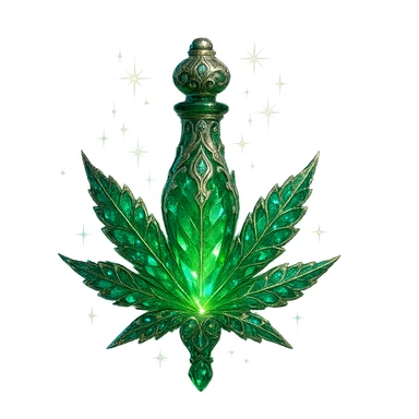 luxurious crystal elixir bottle in the shape of a cannabis leaf or with cannabis motifs, vibrant green color, ornate silver and iridescent details, magical glowing and sparkling effects, very small neck, seamless bottom, bottle clearly floating in air, no base or shadow, modern, collection style, transparent background sticker