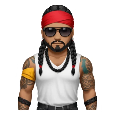 Samoan male. Chin goatee.
Larger XL loose fitting white t-shirt. 
Red bandana. 
Black jeans. 
long black braided hair.
very muscular.
More tattoos. 
Tough and menacing.
All black sunglasses. sticker