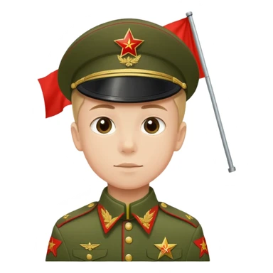 military boy in Soviet green uniform holding a red flag with "9 мая" sticker