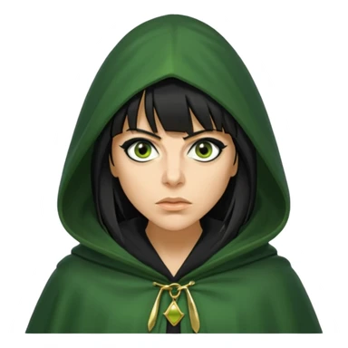 claudia winkleman with a heavy fringe as a traitor with a green hooded cloak with a gold clasp and dark black eyeliner sticker