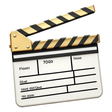 stylized clapperboard with shiny gold upper part and white lower part, diagonal striped pattern sticker