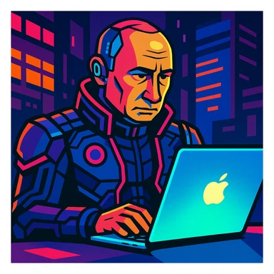 Futuristic cyberpunk-themed Vladimir Putin using a glowing MacBook sticker