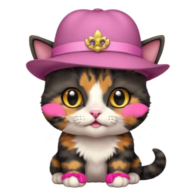 Cute black tortoiseshell kitten wearing a british hat, golden eyes sticker