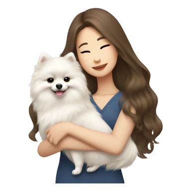 Female asian white girl with long brown wave hair hugging 4 white pomeranian girl sticker