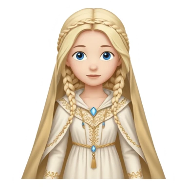 Joven de unos 20 años, de aspecto dulce y elegante.
Piel clara, ojos (pueden ser azules o verdes)
Rubio o castaño claro, largo, con trenzas o velo.
Vestido largo de tonos suaves (blanco, azul o lavanda), con bordados dorados; un manto o toca fina cubriendo la cabeza. Haz todo el cuerpo sticker