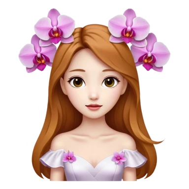 Asian girl with long golden brown hair white skin makeup natural with orchid white/pink only on her left ear, her dress is white  coquette  sticker