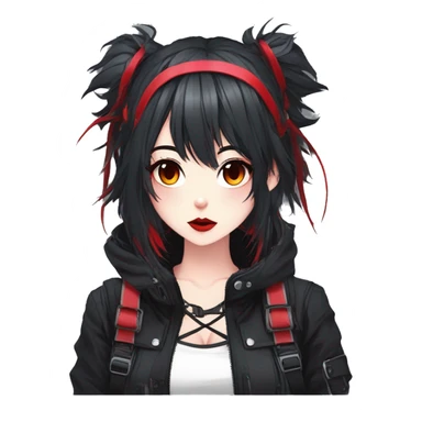 Gorgeous bright gothic techwear anime style lady with blushing face aesthetic and pretty edgy black red punk messy wild cute hair with collar and harness trending style sticker