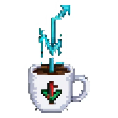 a cup of coffee with a rising stock market arrow sticker