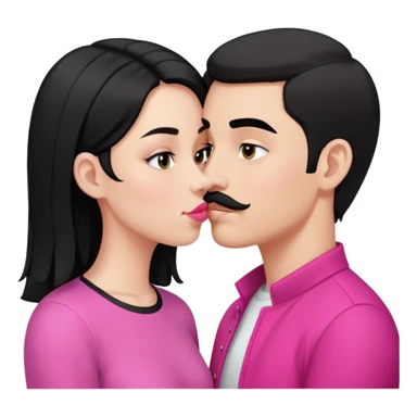 Brunette boy with short hair and black mustache wearing black clothes, kissing white girl with long black hair wearing pink clothes sticker