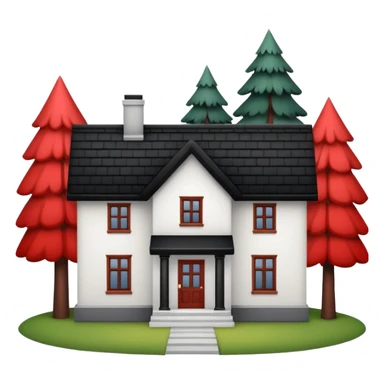 Dom z czarnym dachem i biała elewacja ze wstawkami z czerwonej cegły.Na drugim planie las. sticker