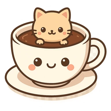 kawaii style cup of coffee with a tiny cat peeking from inside the cup sticker