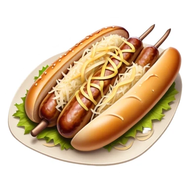 Bratwurst Cinematic Realistic Bratwurst Dish Emoji, depicted as a grilled bratwurst topped with a generous serving of shredded sauerkraut, rendered with rich textures and dynamic, appetizing lighting. sticker