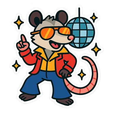 cute cartoon possum dressed up for the disco with a disco ball, sticker-like style sticker