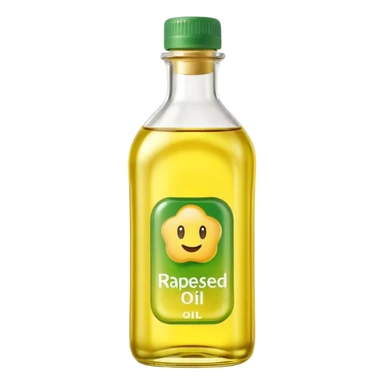 rapeseed oil bottle transparent with pale yellow oil, simple curved or rectangular shape, green or neutral cap, no branding, light clear smooth oil with soft golden glow, no label, clean 3D style, soft shadows, emoji scale sticker