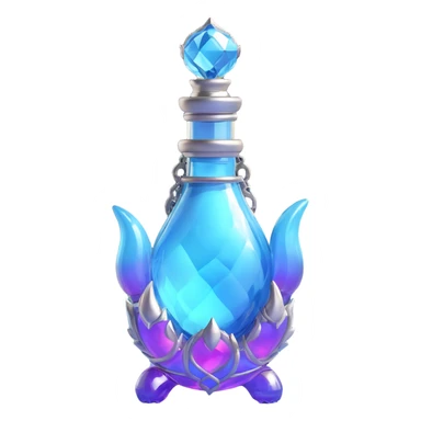 modern luxurious elixir bottle in monster paw shape, vibrant color, holographic and silver ornaments, strong magical glowing and sparkling effects, very small neck, seamless bottom, no shadow, floating in air, collection style sticker