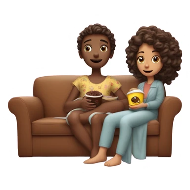 Uma menina morena com cabelo cacheado marrom de pijama senta no sofá vendo divertidamente 2 comendo pipoca e morango com chocolate  sticker