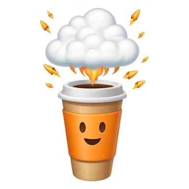 Emoji-style sticker of a takeaway coffee cup with rocket thrusters launching, steam forming a tiny cloud, playful but minimal, bold outline, soft shadows, flat 2.5D, glowing exhaust, transparent background, no text, high-res. sticker