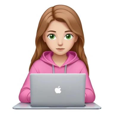 girl with light brown hair brown eyebrows fair skin green eyes long hair looking at laptop wearing pink hoodie  sticker