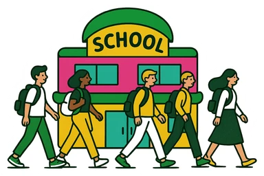 Add students walking in front of the school building in a modern look with a green, gold, and white color scheme. Use rounded shapes and a simple design, with no background. sticker