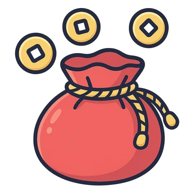 plump Chinese red pouch with golden Chinese coins flying out and around it, tied with a twisted golden cord, icon-color-outlined style, detailed shadows and highlights on pouch and coins, thin clean contours, soft rounded shapes, pastel palette with emphasis on red and gold, modern Japanese pop-art and sticker aesthetic, high detail, soft lighting, transparent background sticker