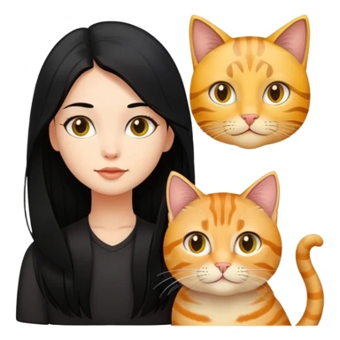 A girl with long black hair and an oval face is together with a black and yellow tabby cat. sticker