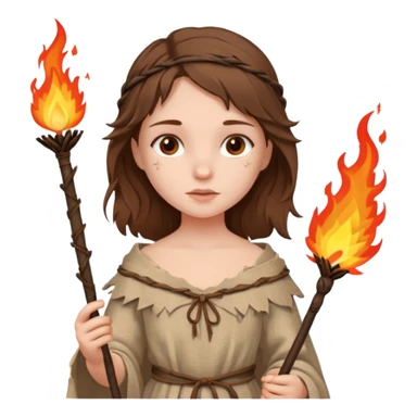 ancient european girl, tattered leaf cloth, hold fire stick sticker