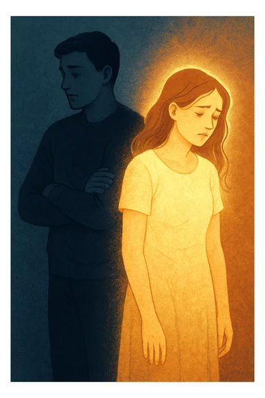 Vertical format: A woman with a glowing aura being overshadowed by a shadow coming from the man next to her, he has a closed posture and a lost gaze, she looks visibly fatigued. sticker