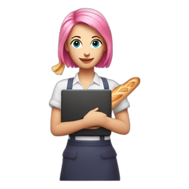 lady with pink Hair and Blue eyes holding a baguette and a laptop sticker
