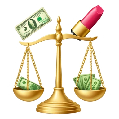 gold scale with green dollar bills on left side and lipstick and nail polish on right side sticker