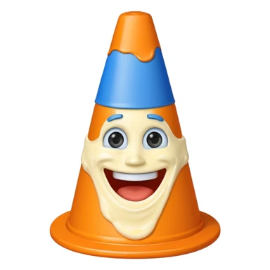 Traffic cone with mayonnaise on it and pickles around it and it has a blue face sticker