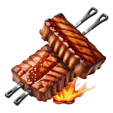 Cinematic juicy grilled ribs, glistening with smoky barbecue sauce, charred edges, tender meat falling off the bone, sizzling on a hot grill, mouthwatering and rich, warm and inviting, ultra-realistic and delicious. sticker