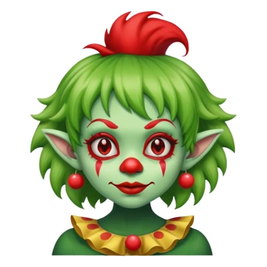 Goblin girl with clown wig and nose sticker