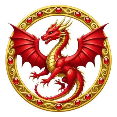 Golden dragon with wings crest / brosch in a circle with red gems and no background sticker
