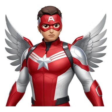 Danny Ramirez as the new Falcon in Captain America: Brave New World, wearing a sleek, high-tech red, white, and silver suit with aerodynamic wings. His expression is determined and heroic, ready for action. The background features a dramatic sky, highlighting his flying abilities sticker