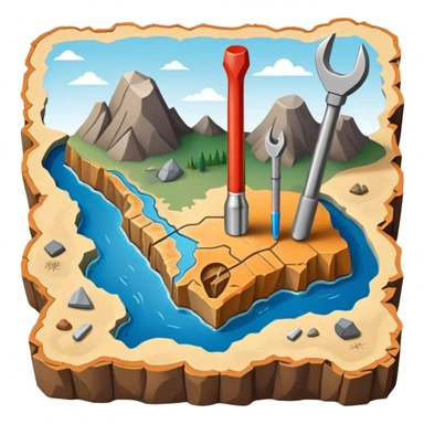 An icon featuring a crowbar and chisel, a geological map, and layers of Earth’s crust, symbolizing geology. The design includes mineral samples, fossils, and tectonic plates, representing the study of Earth’s structure and natural processes. Transparent background highlights geological exploration sticker